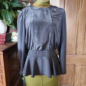 Charcoal Satin Peplum Blouse  Puff Sleeves Back Button Detail  Vintage